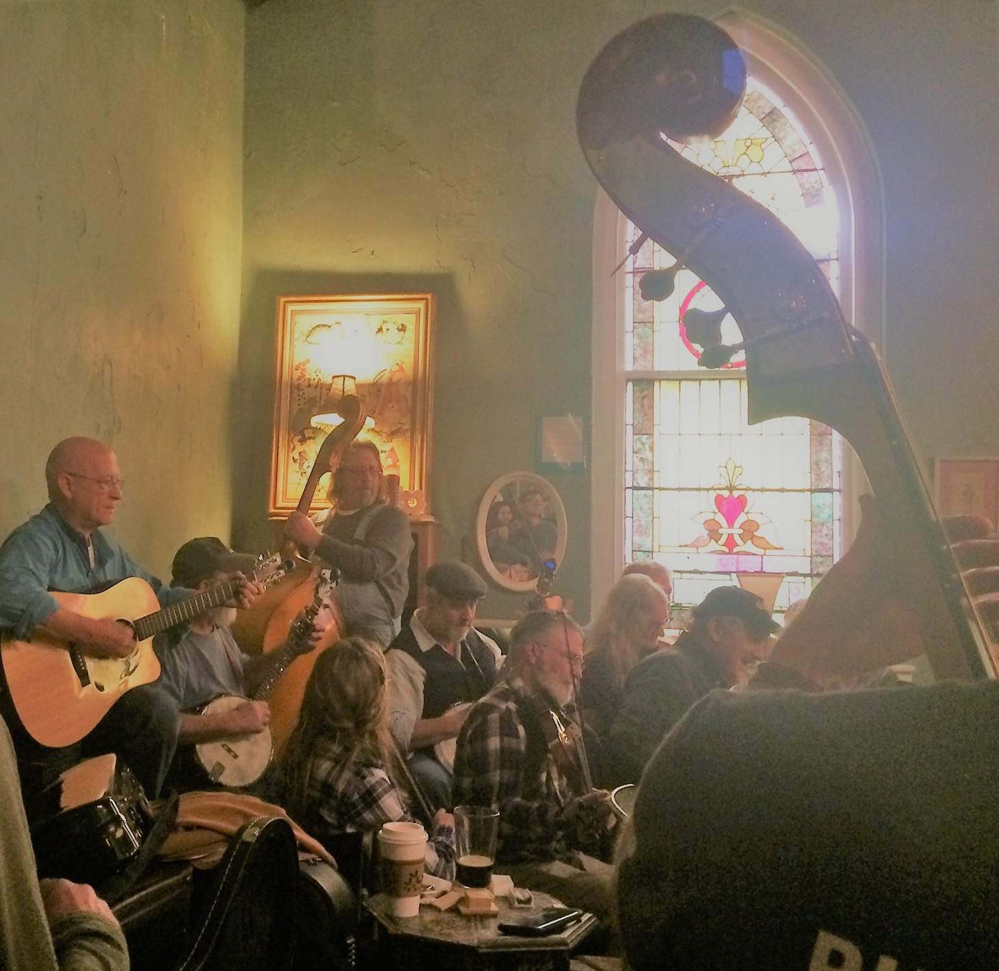 Jamming at Beans with upright bass (1) Beans Afternoon Tea setup